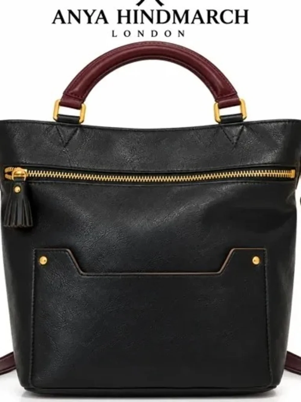 Anya Hindmarch Black Satchel with Burgundy Handles and Gold Hardware